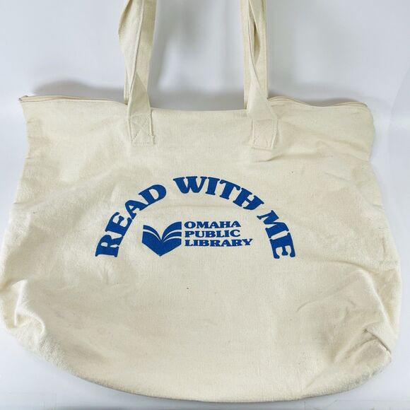Omaha Public Library Reading Vintage Canvas Tote Bag Duffle Zipper Top 20x14 - Picture 1 of 12